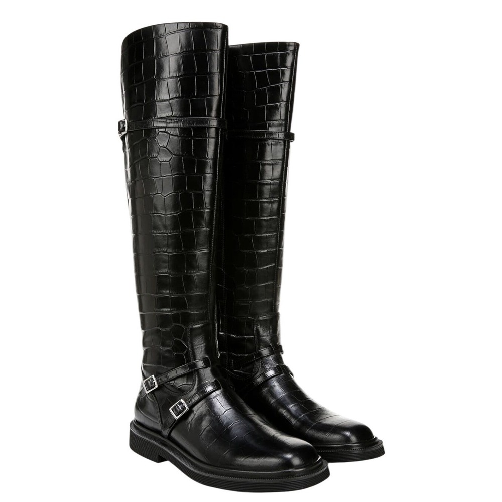 NIB Franco Sarto Ainsley Knee High Boots Black Croc Print Buckle Detail Size 7.5
